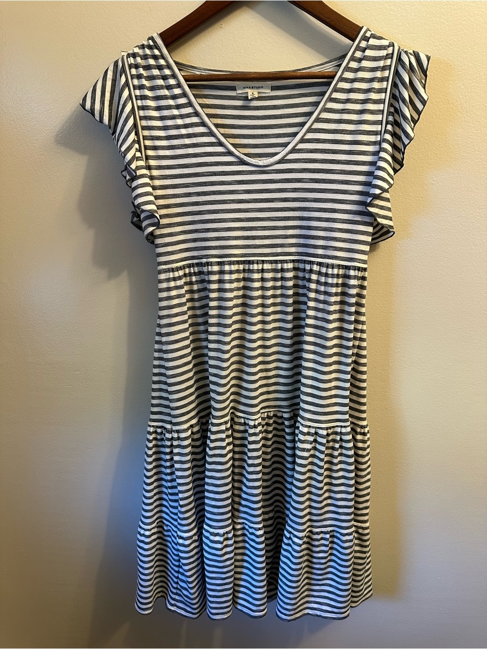 #379 Striped Ruffle-Sleeve Kids Dress - White and Gray